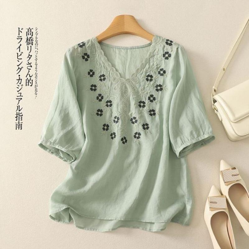 Women S Loose V Neck Short Sleeve Embroidered Cotton Linen T Shirt Summer M