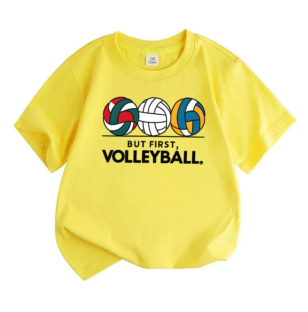 Kids Boys Girls 100% Cotton Crew Neck Short Sleeve T-Shirt, Cute Volleyball Pattern But First Volleyball Graphic Casual Comfy Tee for Children Daily S