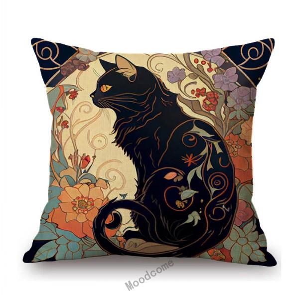 Black White Cat Nouveau Art Floral Background Mucha Style Retro Cotton Linen Sofa Throw Pillow Case Home Decor Cushion Cover