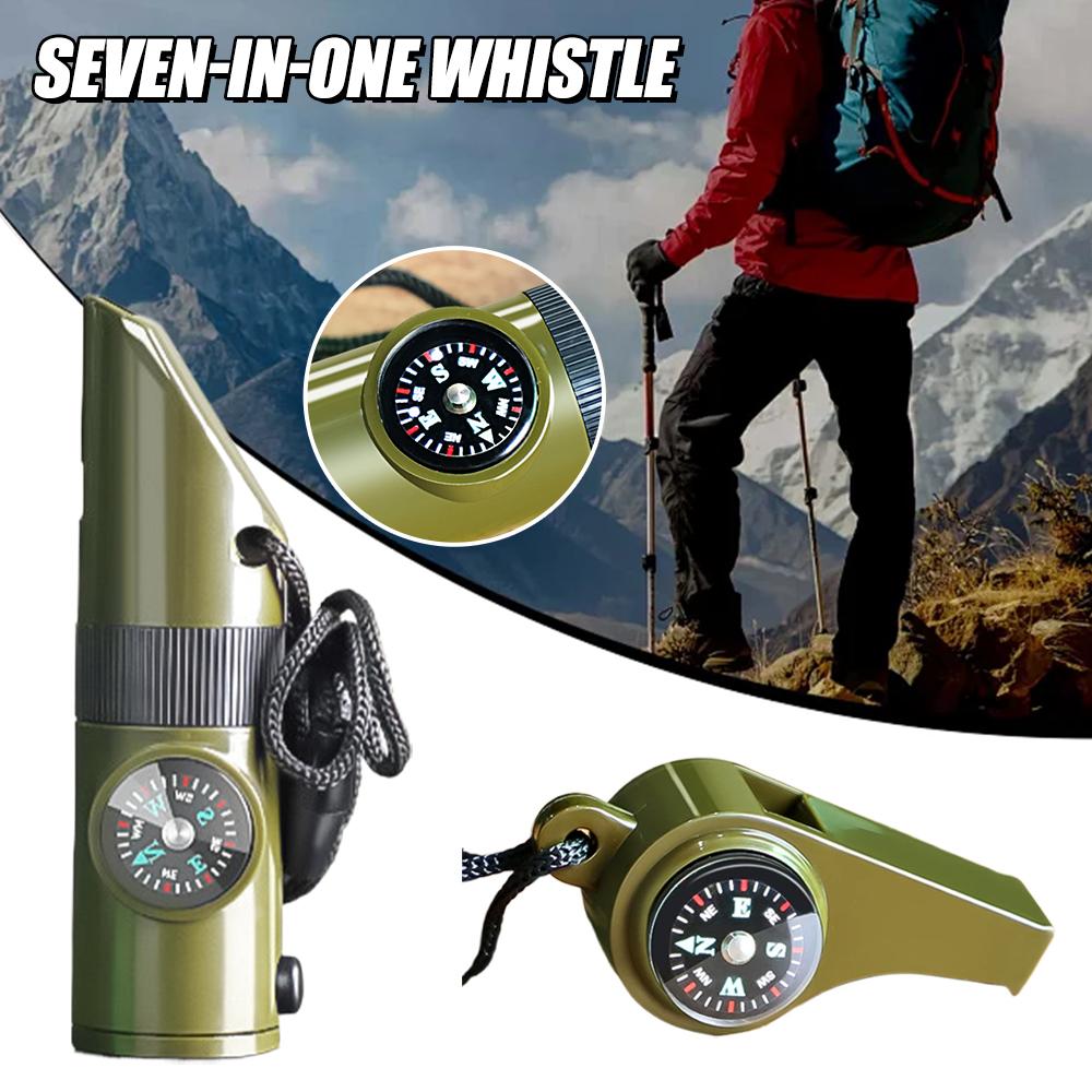 New 7 In 1 Camping Hiking Emergency Survival Whistle with Compass,Thermometer,Outdoor Whistle Camping Tools ArmyGreen Color