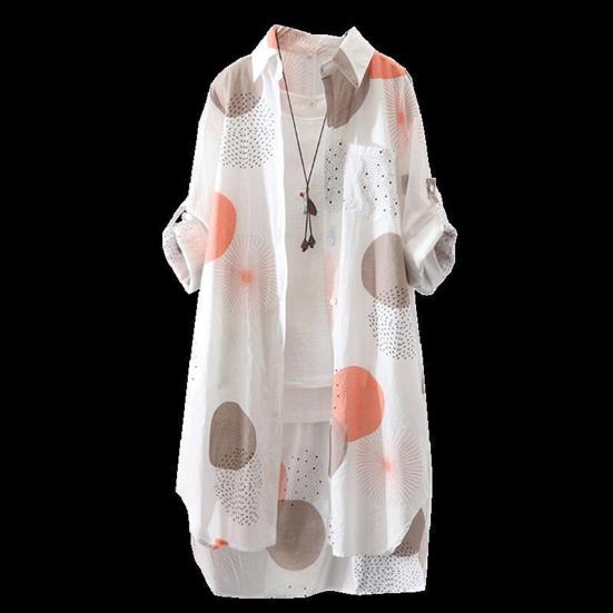 Primavera otoño mujer camisa estampado de moda manga larga dobladillo Irregular Anti sol solapa abrigo largo para uso diario