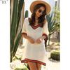 DX~Women's Sexy Hollow Out V-neck Short Sleeved Contrasting Hand Hook Patchwork Loose Beach Sun Protection Cover
