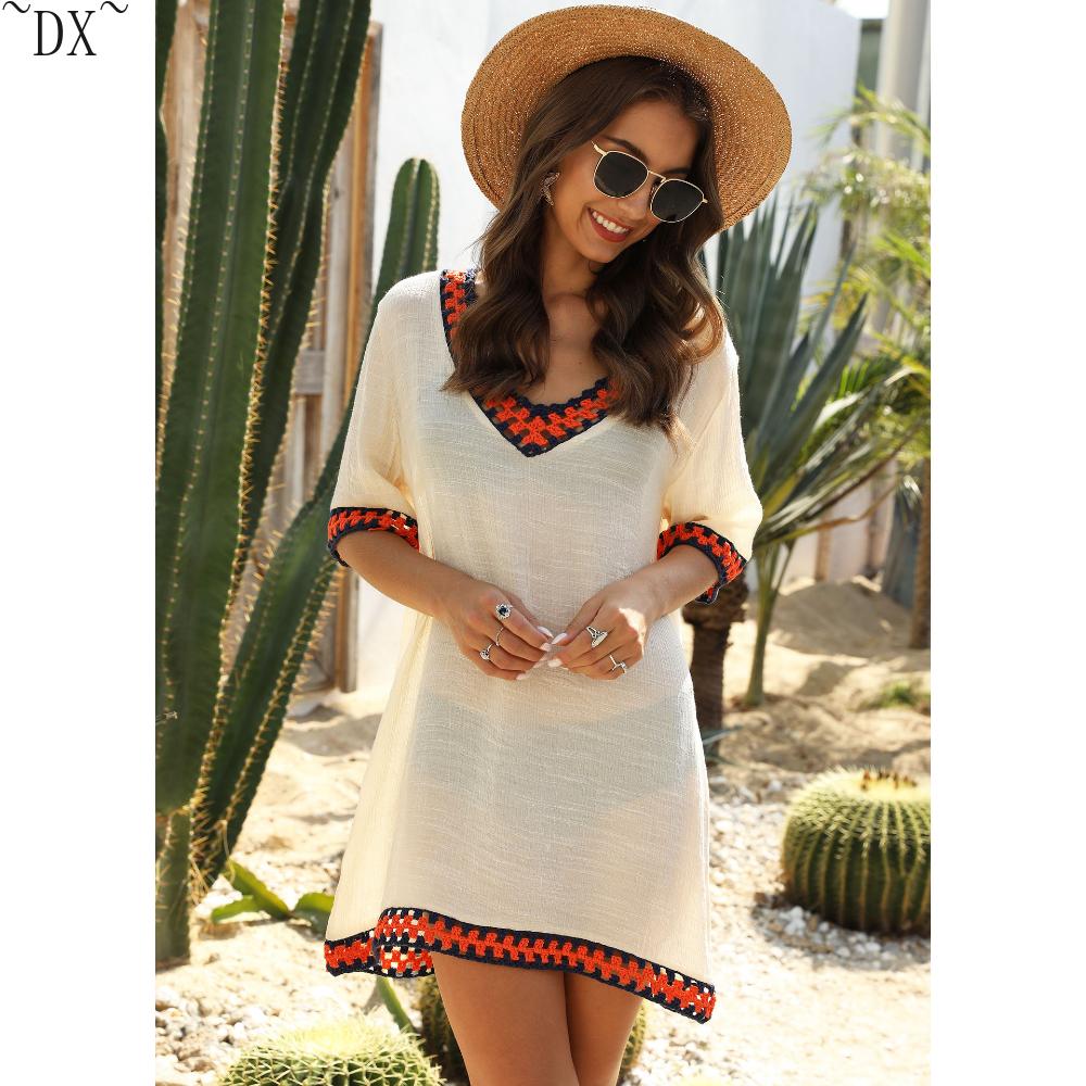 DX~Women's Sexy Hollow Out V-neck Short Sleeved Contrasting Hand Hook Patchwork Loose Beach Sun Protection Cover