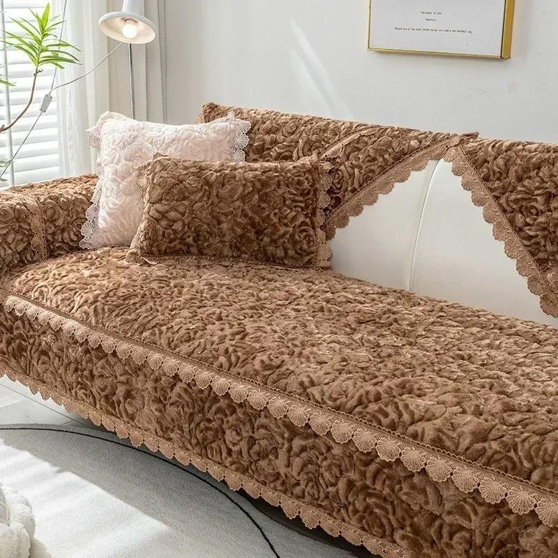 Winter Rose Sofa Towel  Thick Warm  Mat New Modern Minimalist Anti Slip Plush Seat Cushion Set Backrest Cover Cloth