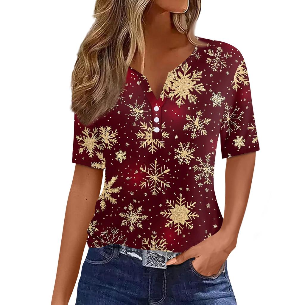 Women's T Shirt Christmas Print Button Short Sleeve Daily Weekend Fashion Basic V- Neck Regular Top