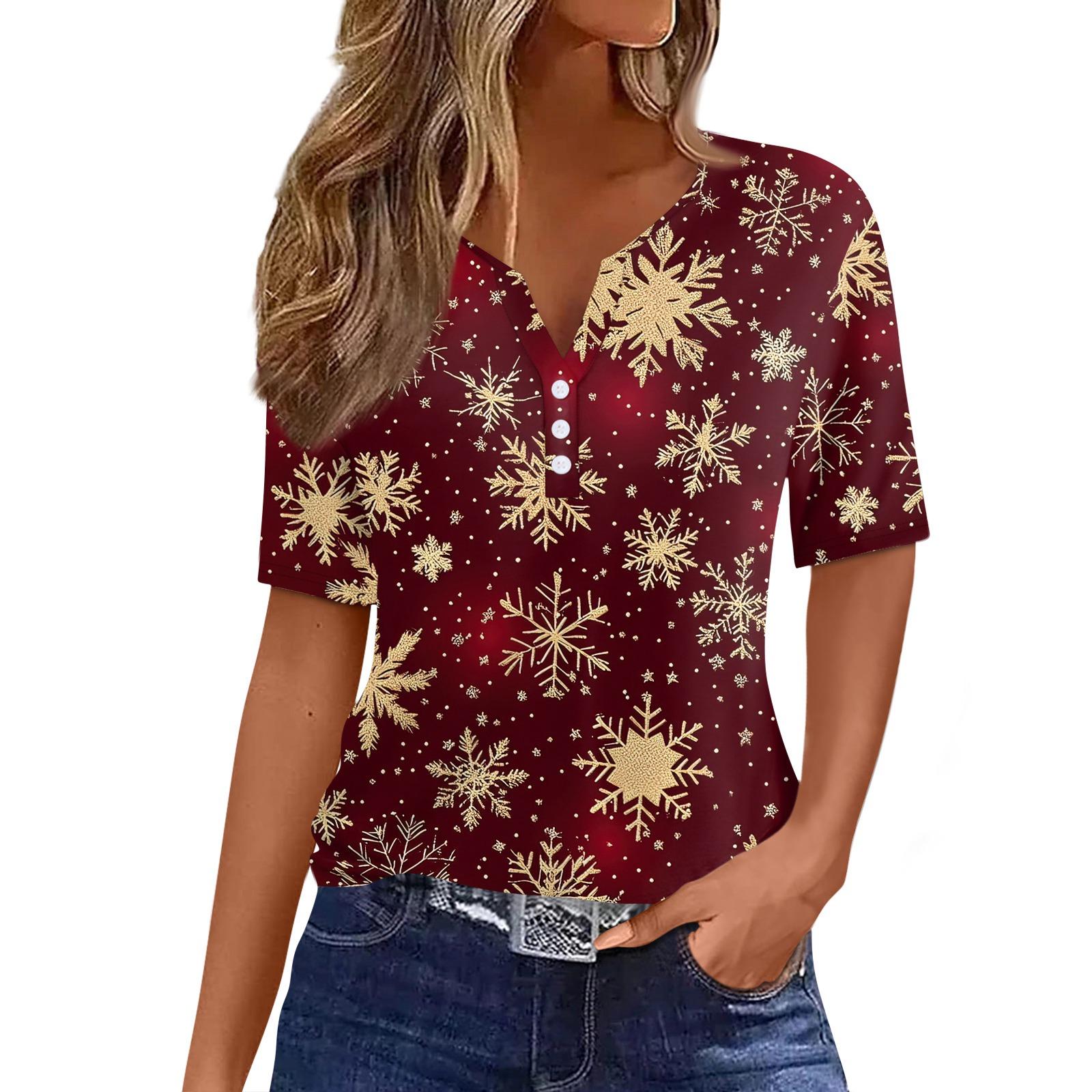 

Женская футболка с рождественским принтом, на пуговицах, с коротким рукавом, повседневная, для выходных, модная, базовая, с V-образным вырезом, обычная L