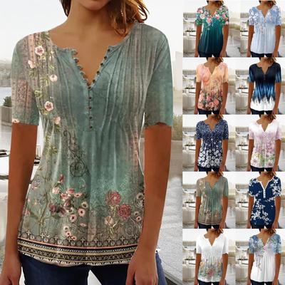 Color Block Tunic Tops For Women Floral Print Crewneck Casual Blouse Buttons Pleated Short Sleeve Loose Pullover Shirt