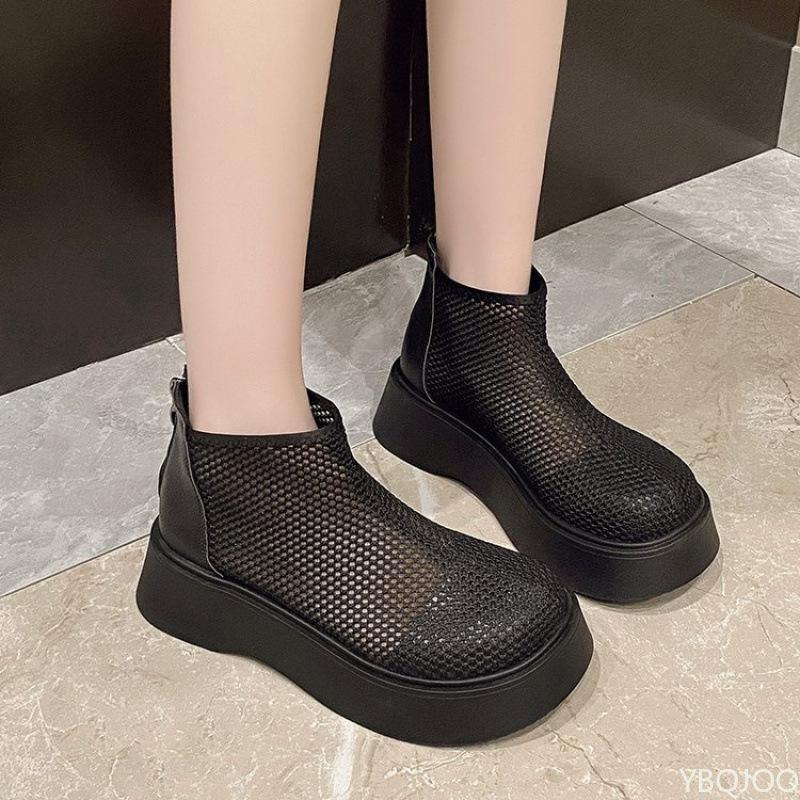 Waterproof Platform Anti-slip Wear-resistant Short Boots Summer New Round Head Mesh Cloth Breathable Rear Zipper Women Shoes