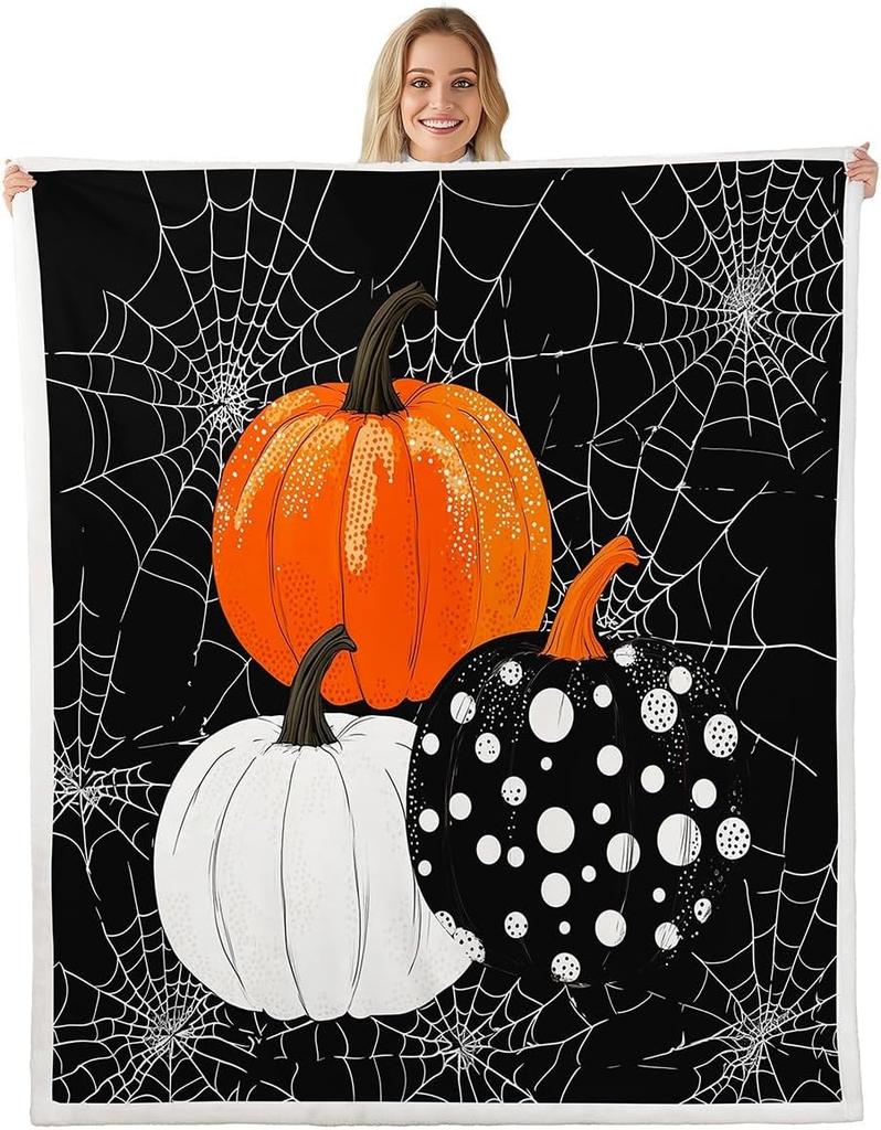 GUOYU Decke Happy Halloween Fleece-Decke Baby Kürbis Geist Feiertags Sherpa-Decke Gotische Fledermäuse Florale Pflanzen Flauschige Plüschdecke für Kinder