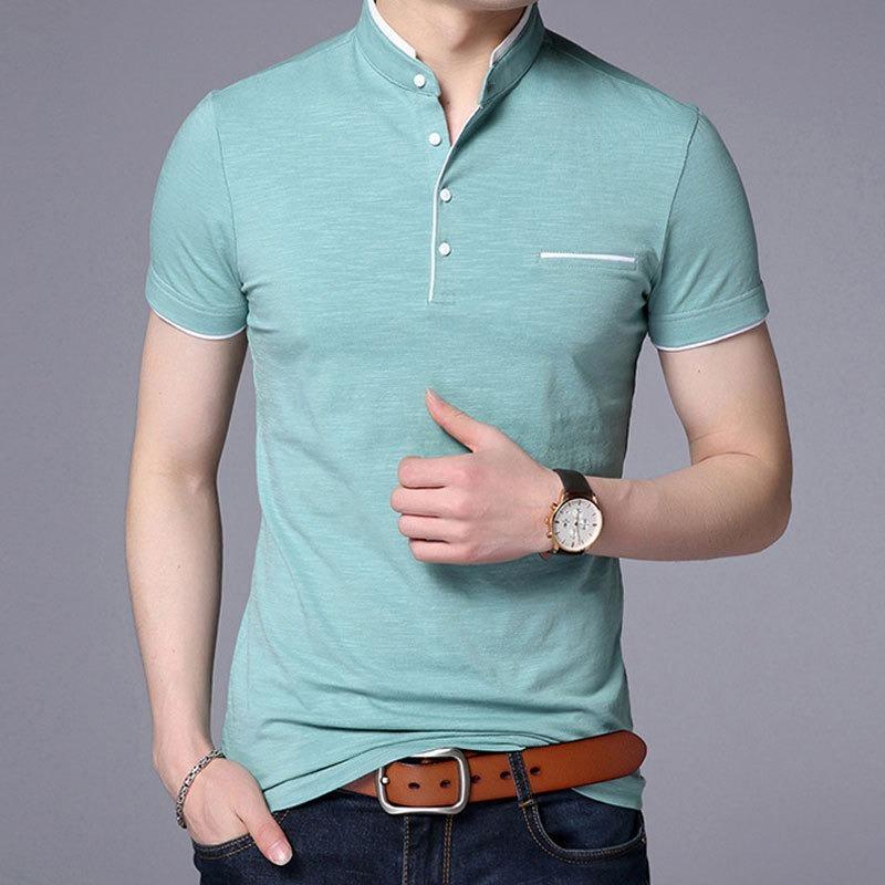 Mens Stand Collar Short Sleeve Slim Fit Big Size Solid Casual T Shirt