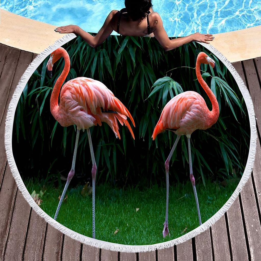Tropical Flamingo Print Round Beach Towel, Hawaiian Beach Blanket Sand Free Quick Dry Hippie Boho Circle Bath Towel Yoga Mat
