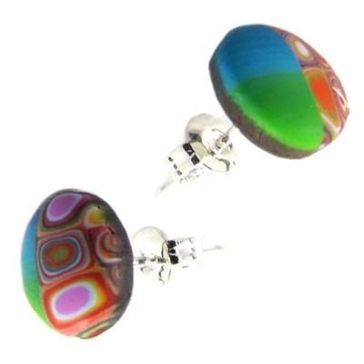 [P9833] - Artisanal Earrings 'Columbine & Harlequin' Blue Green Multicolor - 9 Mm