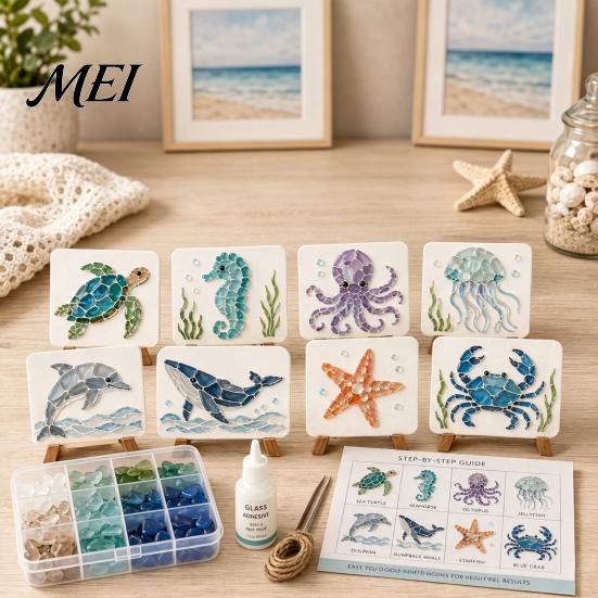 Nautical Beach Theme Craft DIY Sea Glass Art Mosaic Kit, Ocean Animal Themed Set for Adults Environmental Friendly Materials Beginner, Handmade