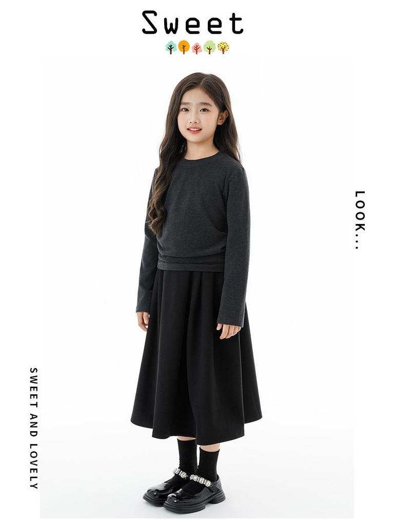 Autumn 2025 Girl's Casual Parent-Child Three-Piece Set: Vest, Base Shirt, Skirt