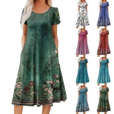Kadın Günlük Moda Yuvarlak Yaka Kısa Kollu Midi Elbise Moda Düğün Konuğu Elbisesi