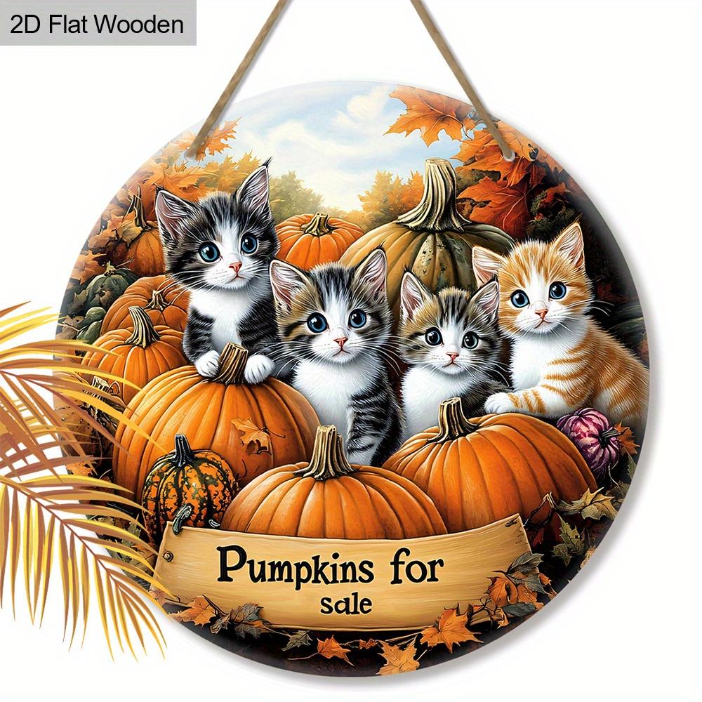 2D Flat, 1 Piece Autumn Thanksgiving Sign Cute Cat and Pumpkin Pattern Design Wooden Ornaments Festive Decoration Plaque Thanksgiving Decoration Home 20cm