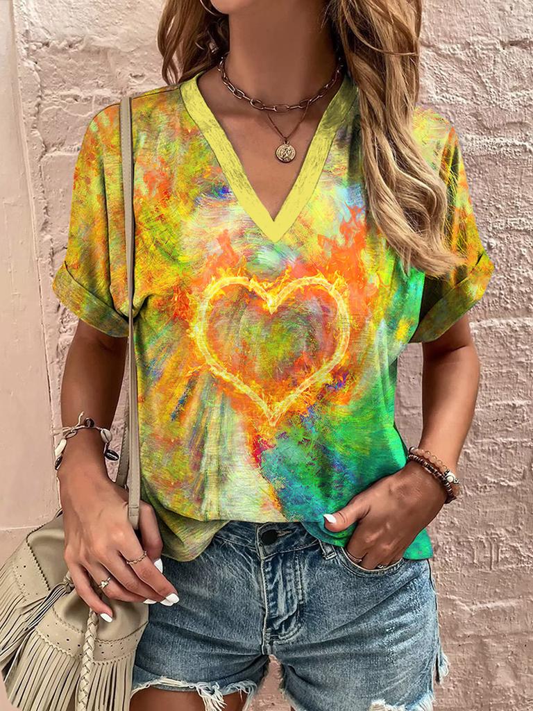 2025 New Summer Women's V-Neck T-Shirt Outdoor Casual Short Sleeve Tops Fashion Love Style Pattern OverSize Women's Clothing