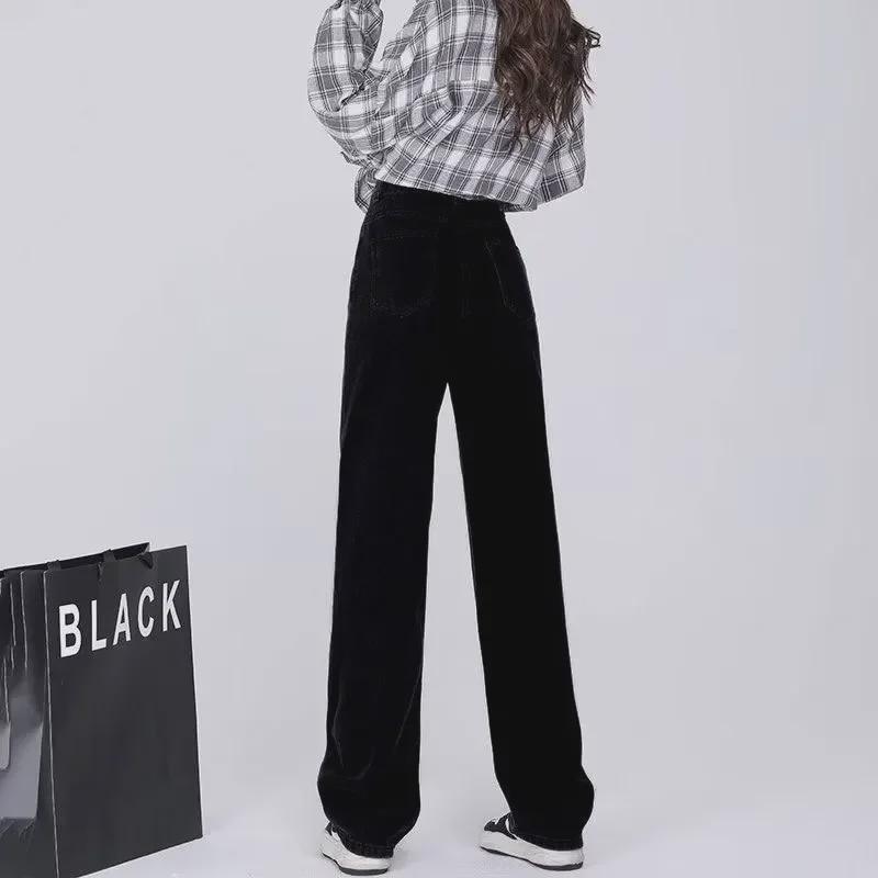 Women's Black High-Waist Wide-Leg Jeans - Floor-Length, Plush Lining, Warm, Loose Fit