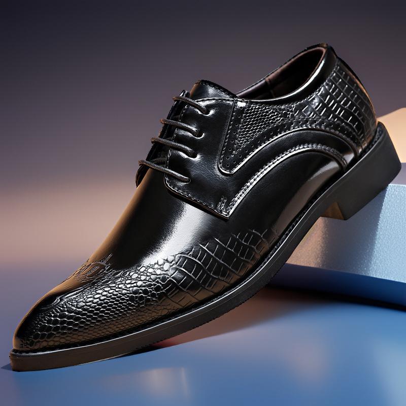 

Новые кожаные туфли большого размера мужские молодежные универсальные британские деловые туфли повседневные туфли с узором под крокодила с острым носком свадебные туфли мужские 38