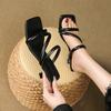 Fashion Fashion High Heels Women's Sandals 2025 Summer Square Toe Thin Heels Dress Shoes Woman Solid Slip On Thin Strap Sandals Women