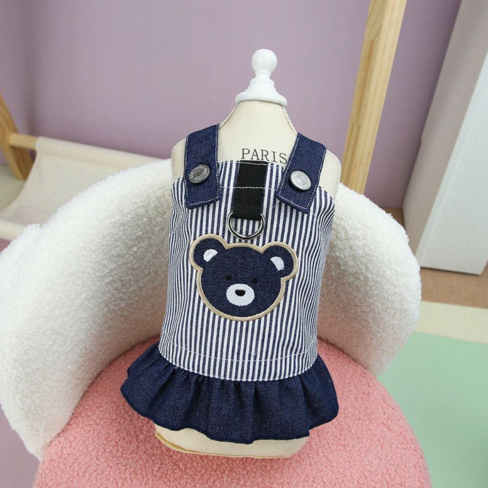 Breathable Pet Strap Denim Skirt Cute Dog Vest Harness Pet Bear Stripe Dress Chihuahua Poodle