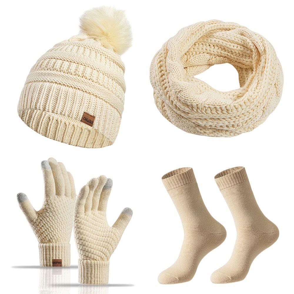 4Pcs/Set Ear Protection Knitted Hat Warm Touchscreen Gloves Gift Winter Warm Mitten  for Men Women