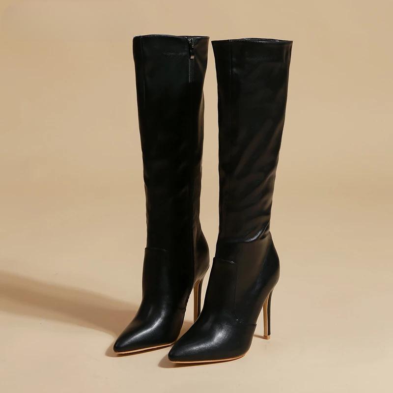 Women's Fashion Elegant Pointed Thin Heel Knee High Long Boots2025 Spring/Autumn PU Panel Side Zipper Boots Western35-42