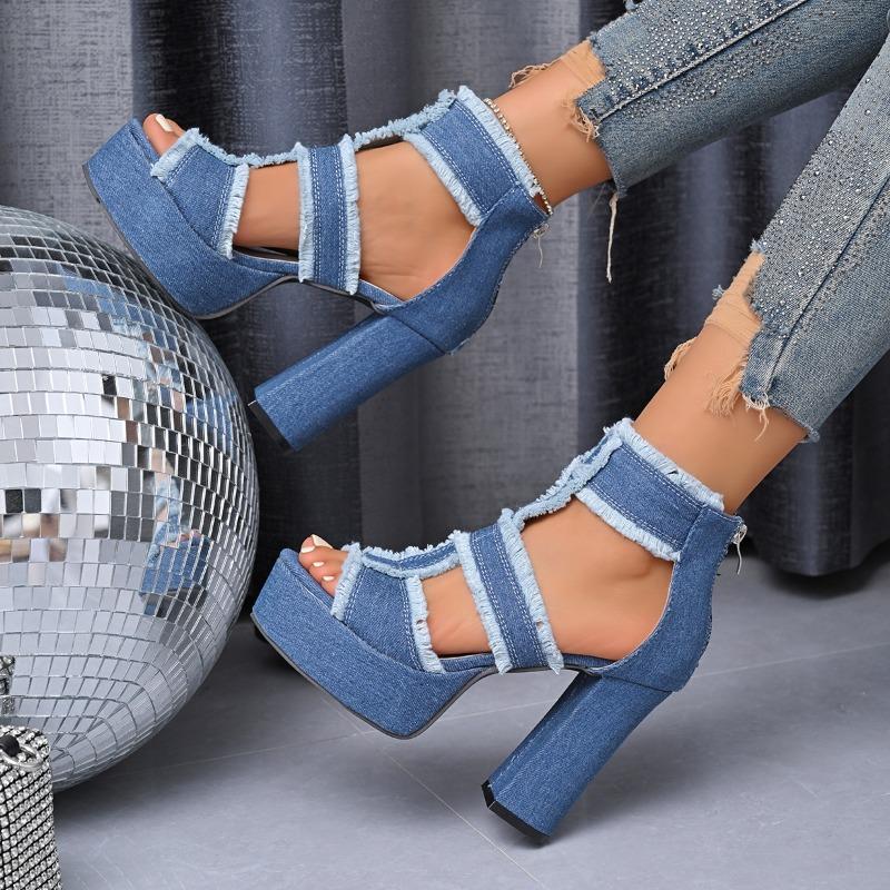 Fashion Summer Women's Cool Boots Fashion Thick Heel High Heeled Sandals Classics Denim Hollow Out Cool Boot Luxury Platform Women Shoes