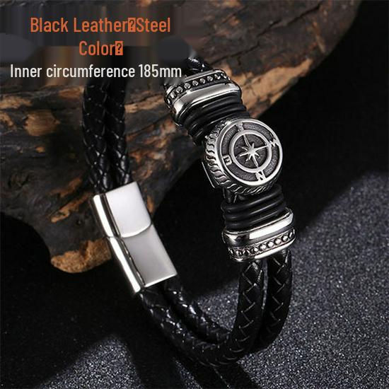 Men s Double Layer Leather and Titanium Steel Viking Bracelet