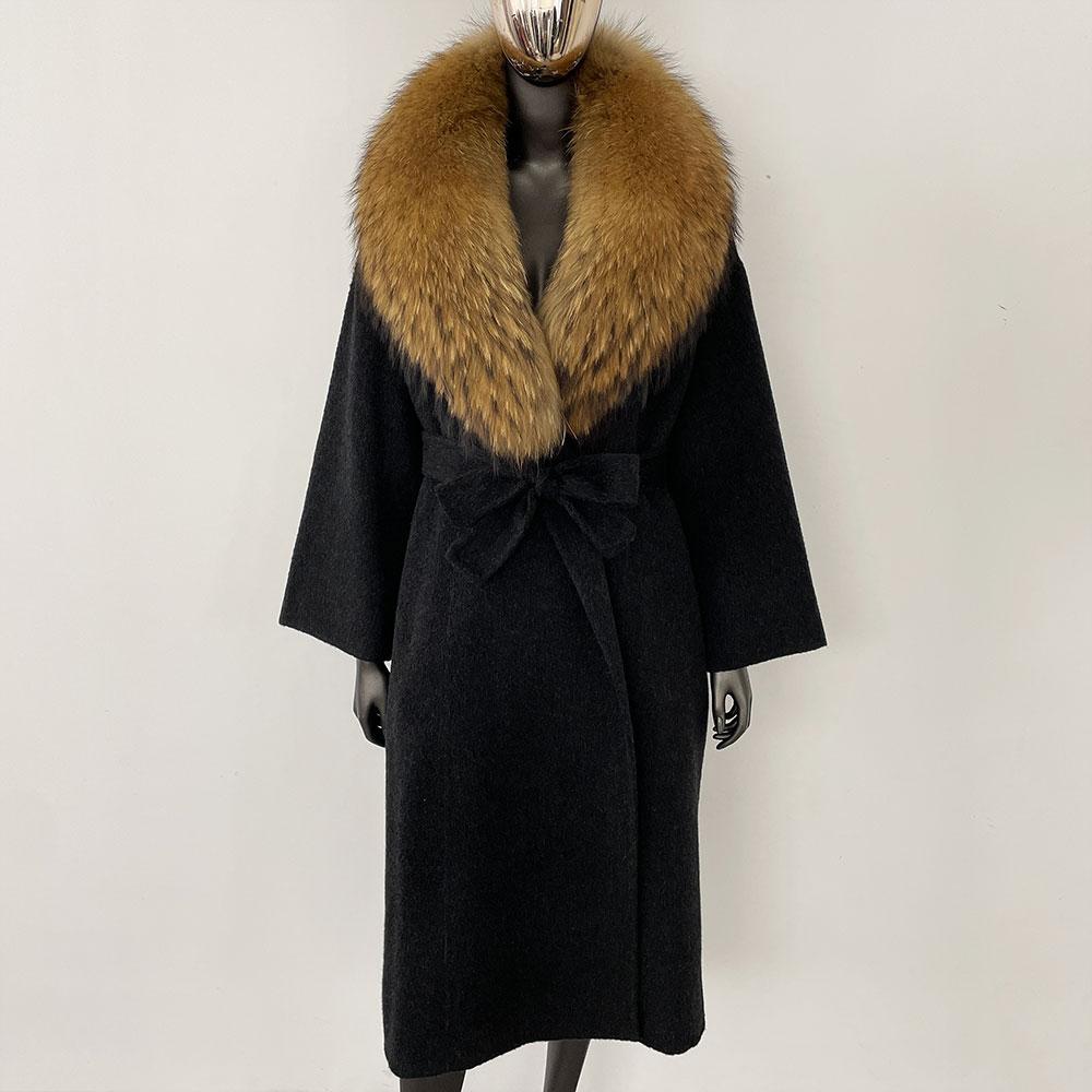 OFTBUY Kabát z pravé kožešiny 2024 Nadměrný dámský svrchní oděv Zimní dámská bunda s límcem z přírodní liščí kožešiny Kapuce Kašmírová vlněná směs Kabát