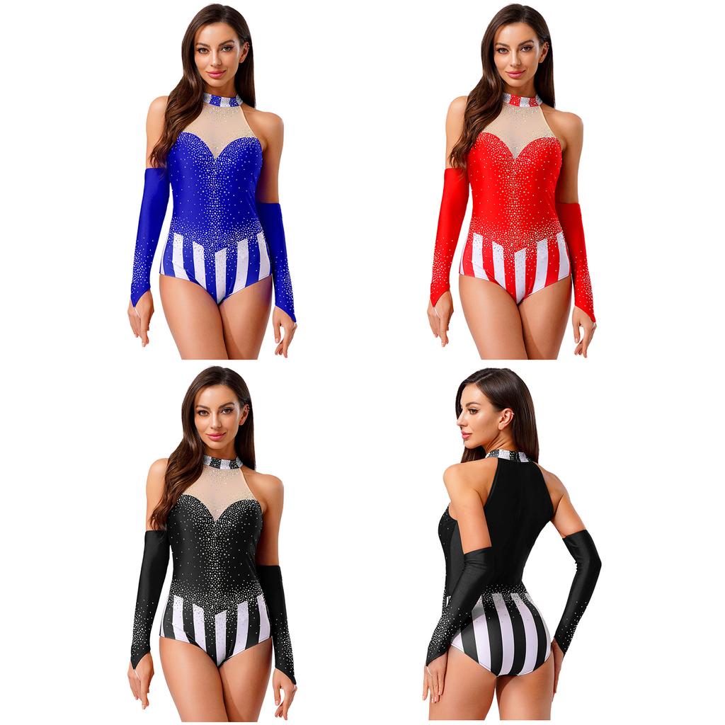 S-3XL Damen Ringmaster Performance-Leotard: Ärmelloser Bodysuit im Color-Block-Design mit funkelnden Strasssteinen und passenden fingerlosen Handschuhen