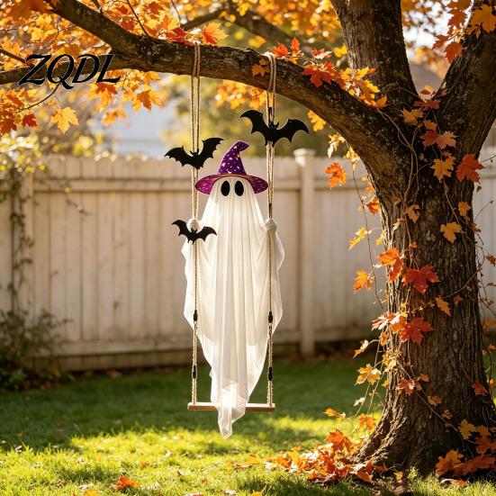 Decorative Polyester Ghost for Garden Halloween Swing Hanging Ornament with LED String Lights Outdoor Decor, Adjustable Horror Themed Lawn Ornaments