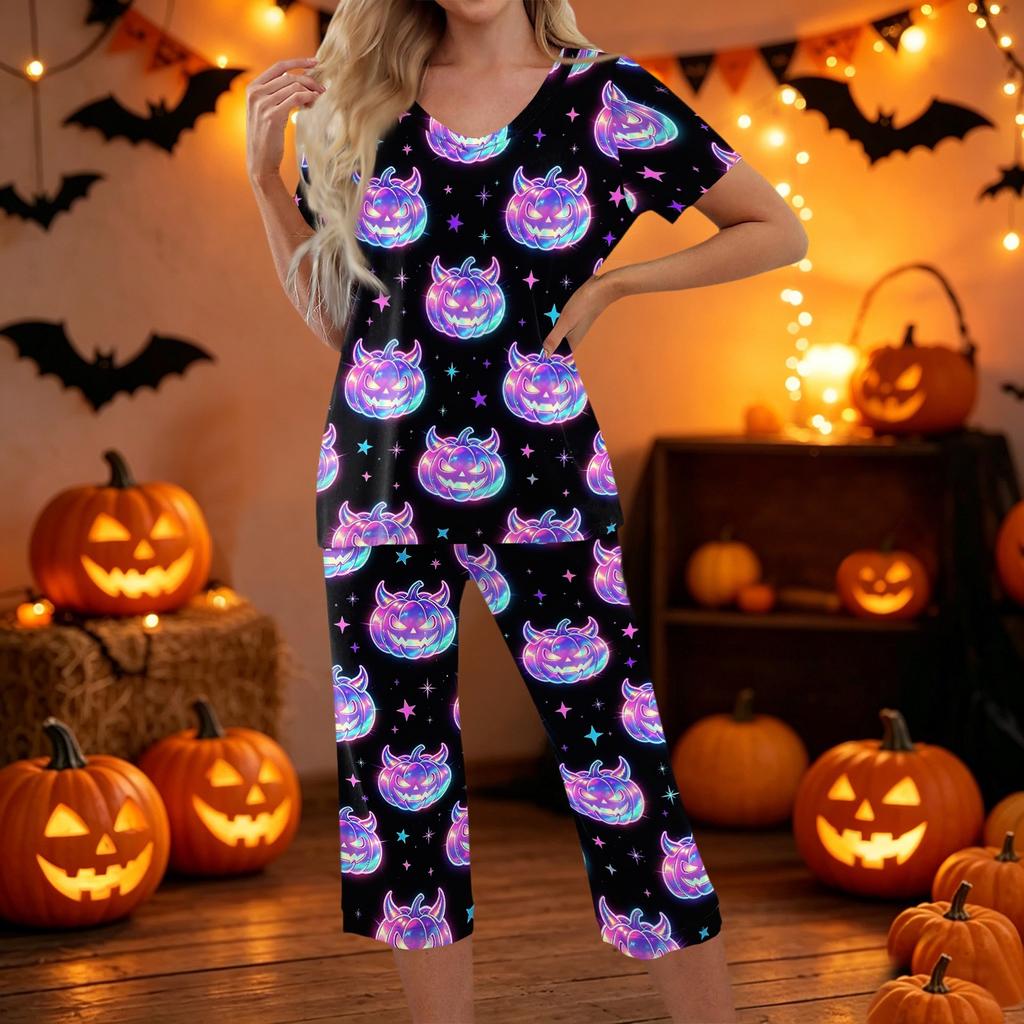 Women Halloween Printed Two Piece Set Short Sleeve Casual Top and Cropped Pants Comfortable Relaxed Fit Outfit