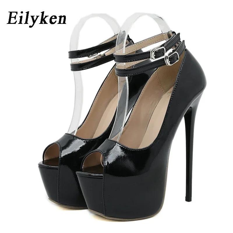 

Fashion High Heel Pumps 2025 Fashion Sexy Open Toe Platform Women Shoes Stiletto Heels Double Breasted Buckle Pole Dancing Sandals Shoes 42 чёрный