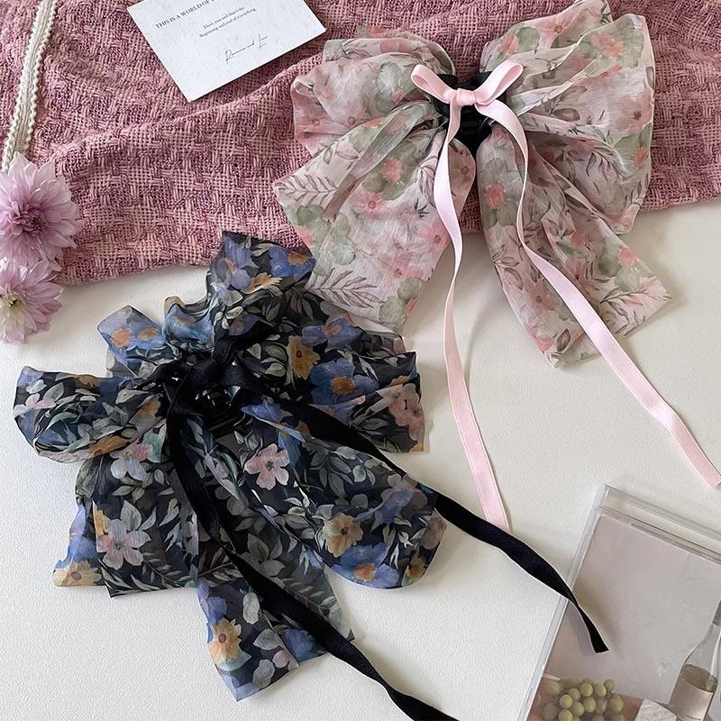 French Vintage Floral Bow Fluttering Band Grasp Clip Women Elegant Temperament Pan Hair Shark Clip Girls Hair Accessories