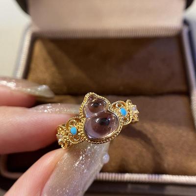 Nine Purple Li Fire Gourd Enamel Ring - Women's Sand Gold, Chinese Style, Luxurious and Compact Design