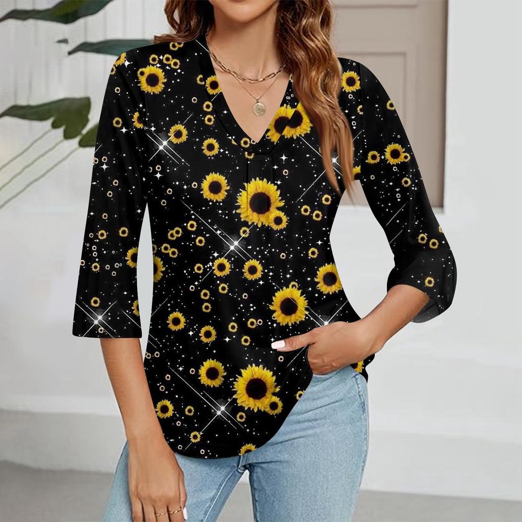Modisches Oberteil mit V-Ausschnitt, Farbverlauf-Print und Dreiviertelärmeln für Damen