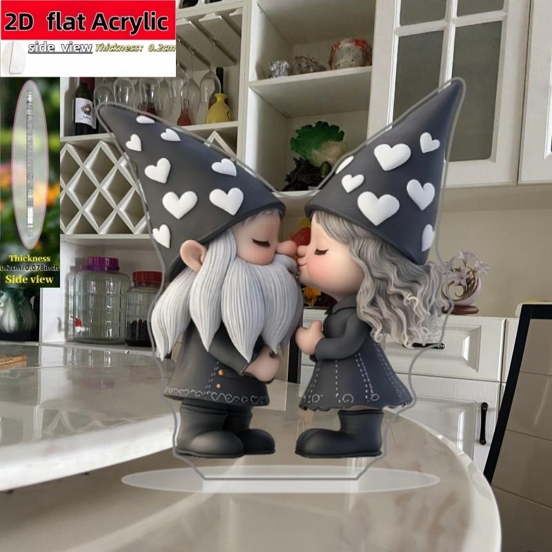 2D Flat Cute Couple Gnome Acrylic Desktop Decoration, Kissing Gnomes with Heart Hats, Suitable for wall Decoration, porch, Room, Villa, accents Home,
