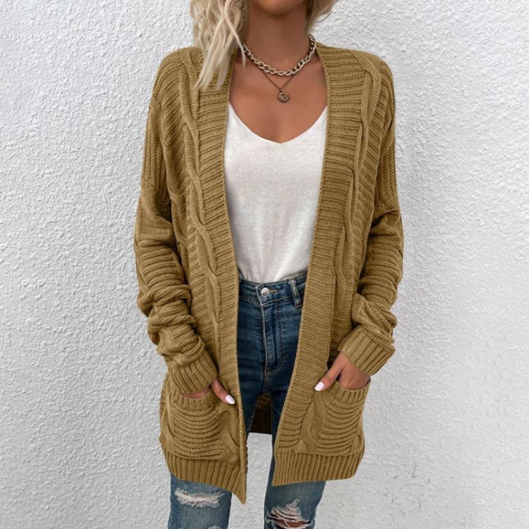 

Women Long Loose Cardigan Coat Solid Color Knitted Long Sleeve Medium Length S хаки
