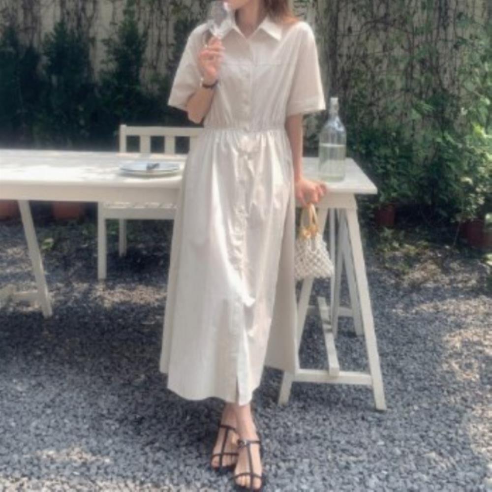 New Arrivals Open Run Women Collar Neck Short Sleeve Dress Adjustable Waist Long