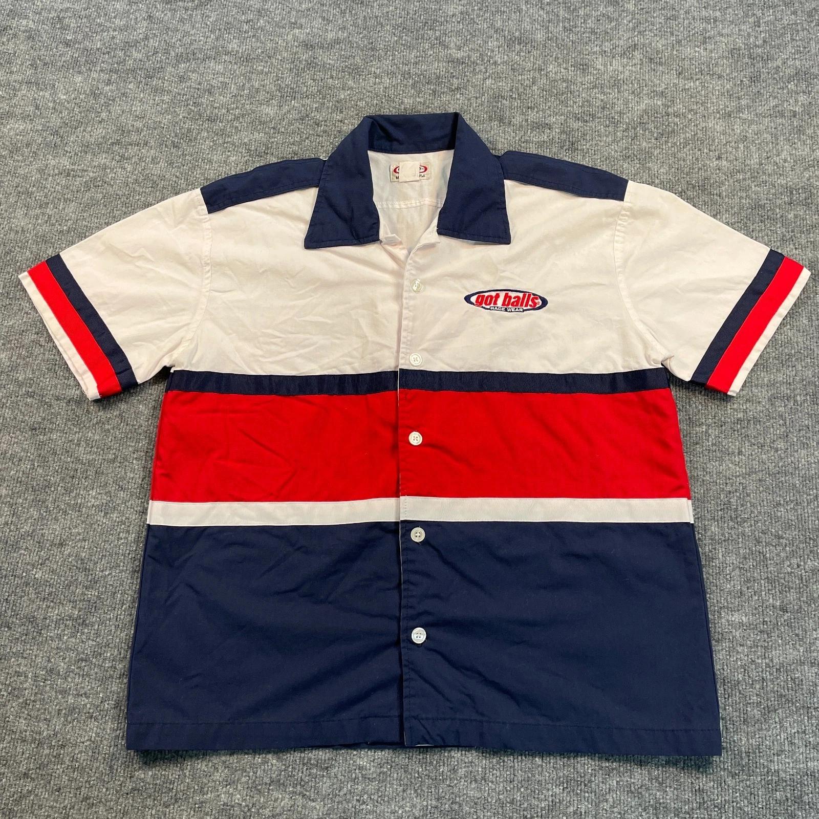 Vintage 90s Got-Balls Racewear Pitcrew Button Shirt Medium 22x26 Blue Red White 2XL