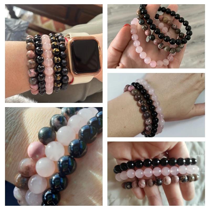 3Pcs/Set Natural Stone Bracelet Rose Quartzs Obsidian Amethysts Tiger Eye Beads Elastic Bracelet For Women Men Health Protection