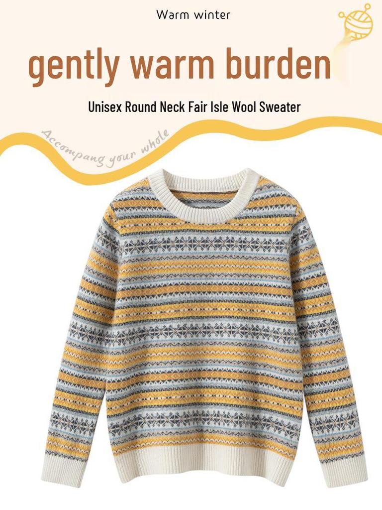 Children’s Pure Wool Fair Isle Sweater - Warm Thickened Knit with Round Neck for Autumn/Winter 2025