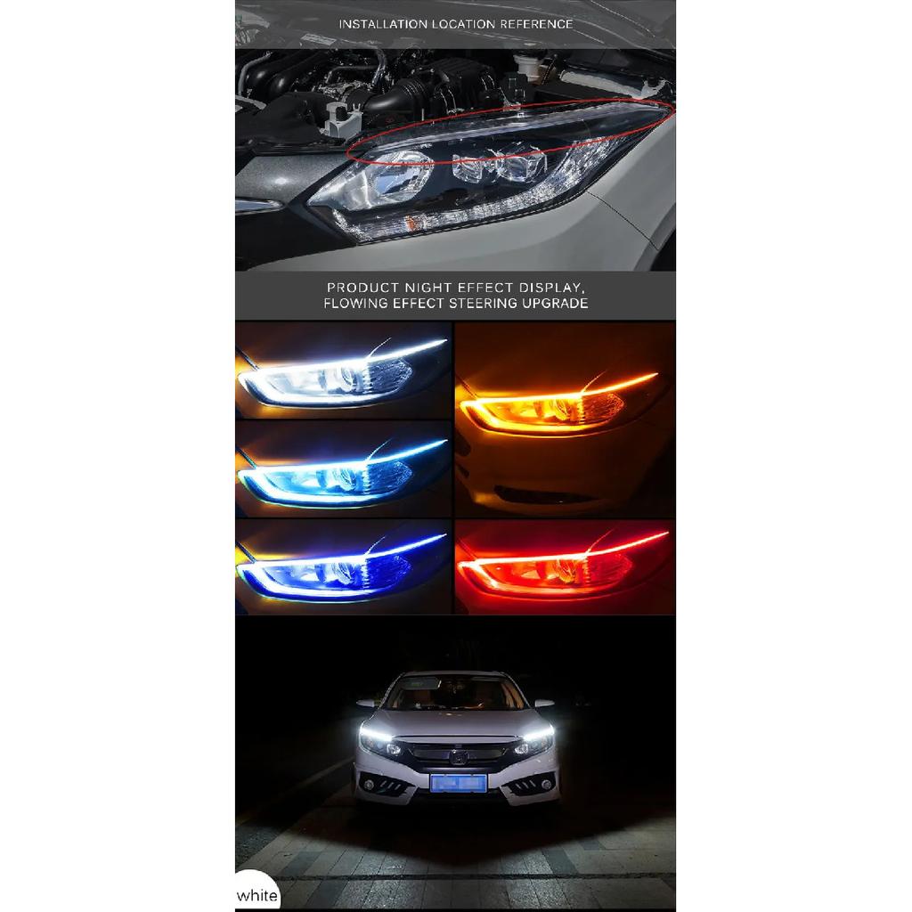 2Pcs 12v LED Car Daytime Running Light DRL Flexible Waterproof Strip Auto Headlights White Turn Signal Yellow Brake Flow Lights