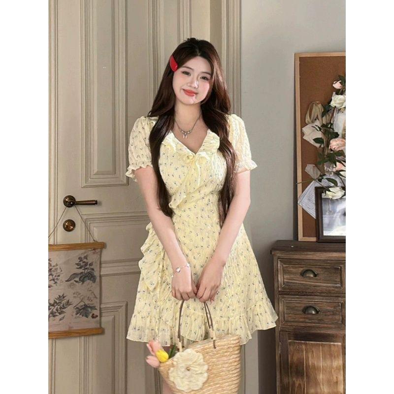 Elegant French Floral Ruffle Dress for Women - Summer Slimming Style L