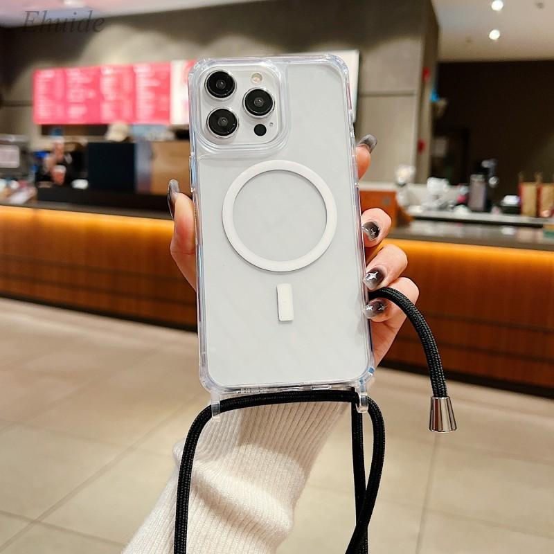 Strap Case For iPhone 15 14 13 12 17 Pro Max 16 Plus Magsafe Crossbody Lanyard Shockproof Clear Magnetic Wireless Charging Cover