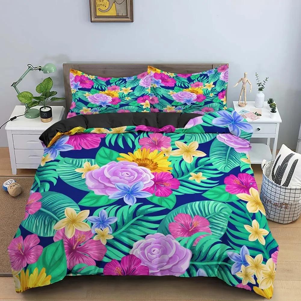 Vintage Blumen King Queen Bettbezug Pfingstrose Sonnenblumen Bettwäsche Set Tropischer Blumen Quilt Bezug Boho Polyester Bettbezug