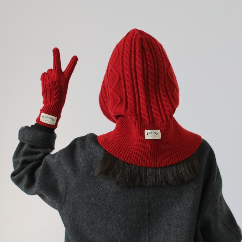 Wool Knitted Balaclava with Neck Scarf Integrated Hat Gloves Autumn and Winter Neck Protection Fashionable Red