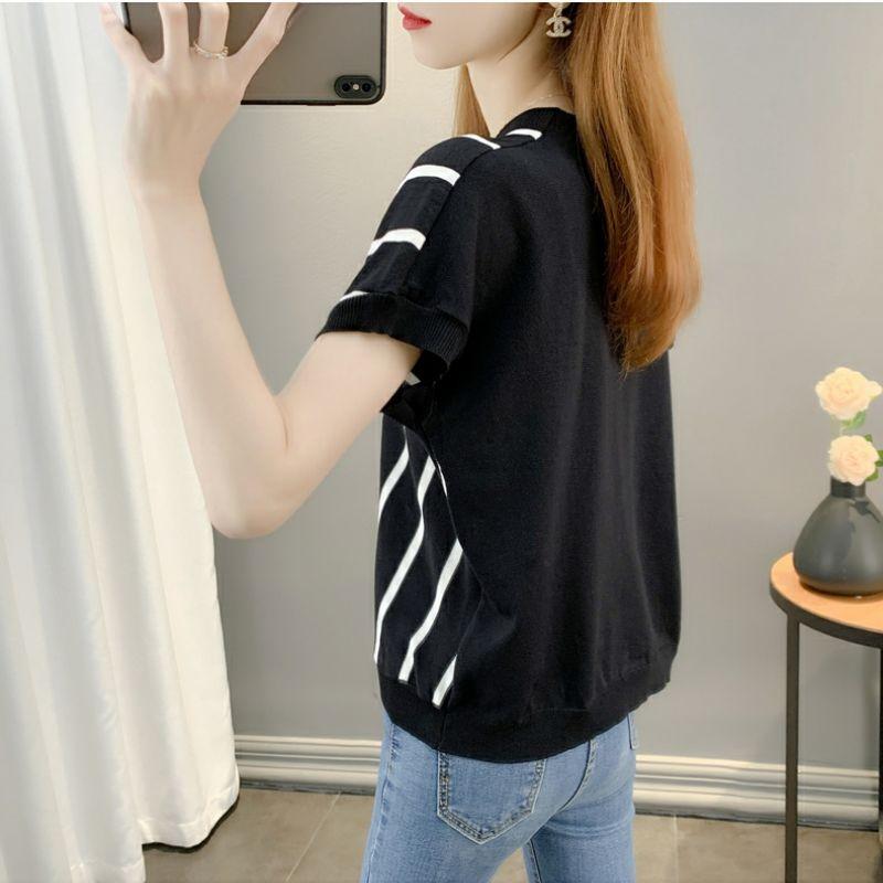 Korean Style Summer V Neck Loose Bat Sleeve Striped Ice Silk T Shirt Women Casual Thin Knit Top