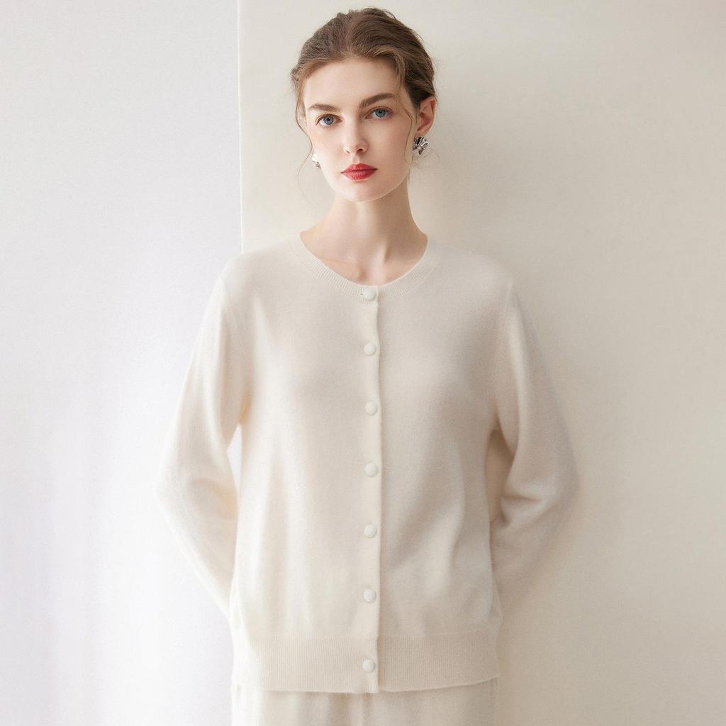 Kangsai Ni Women's 100% Pure Cashmere Round Neck Cardigan - Autumn/Winter Knit Sweater Jacket